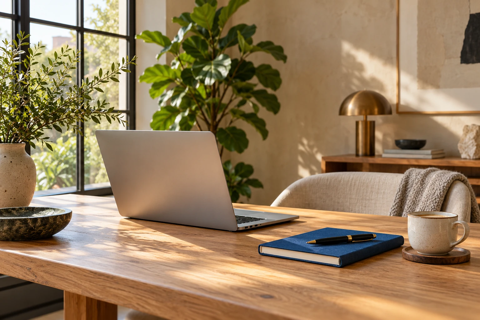 Sfeerbeeld: een lichte werkplek met laptop en kobaltblauw notitieboek