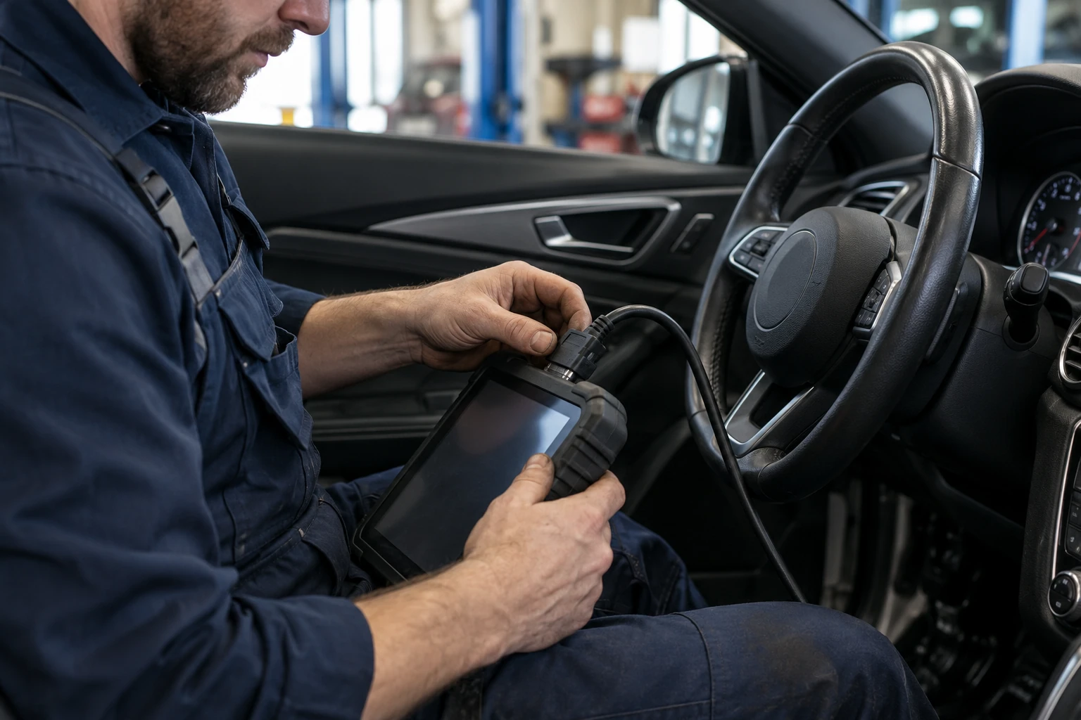 Een monteur sluit een diagnosetablet aan in een auto
