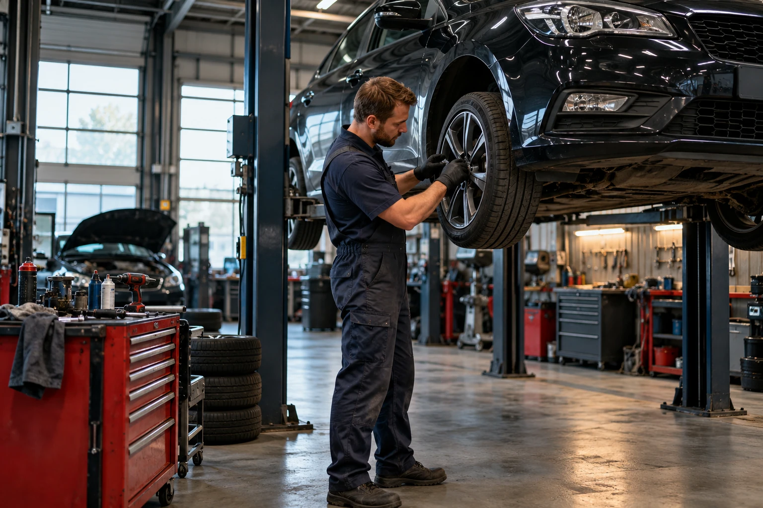 Een monteur onderzoekt een auto op de brug in de werkplaats