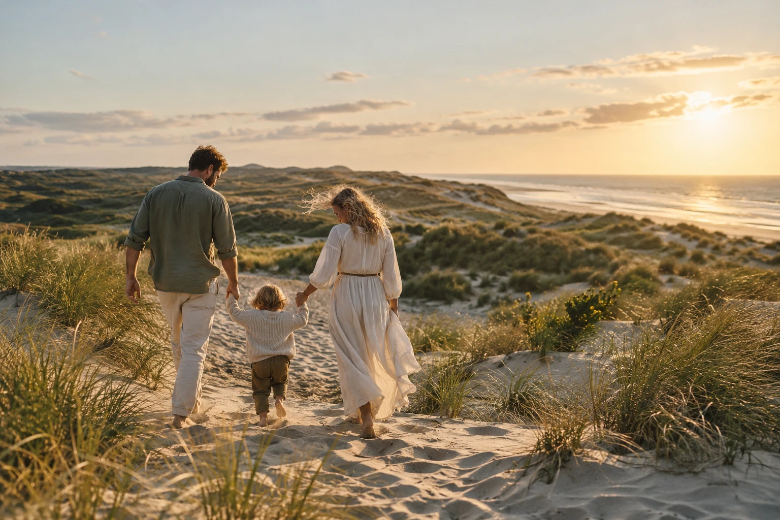 Een gezin loopt samen door de duinen in het avondlicht
