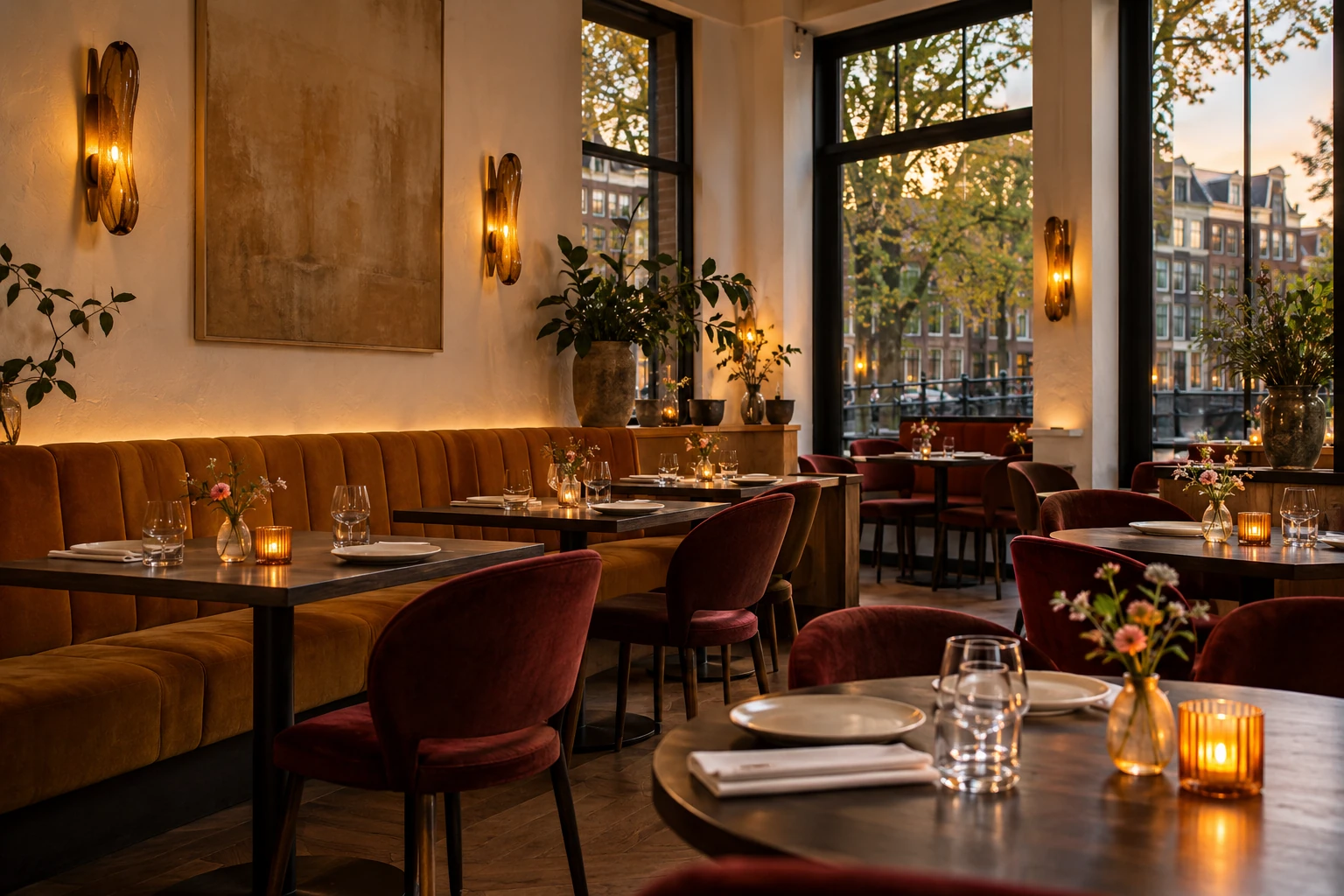 Een warme buurtbistro met okergele banken en bordeauxrode stoelen