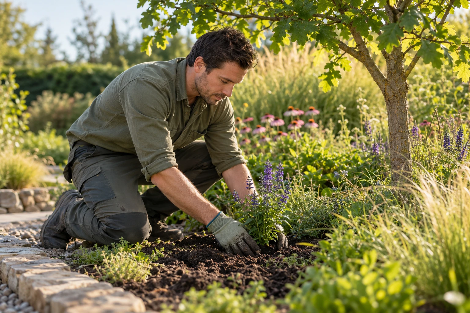 Hovenier plant zorgvuldig een salvia in een groene tuin