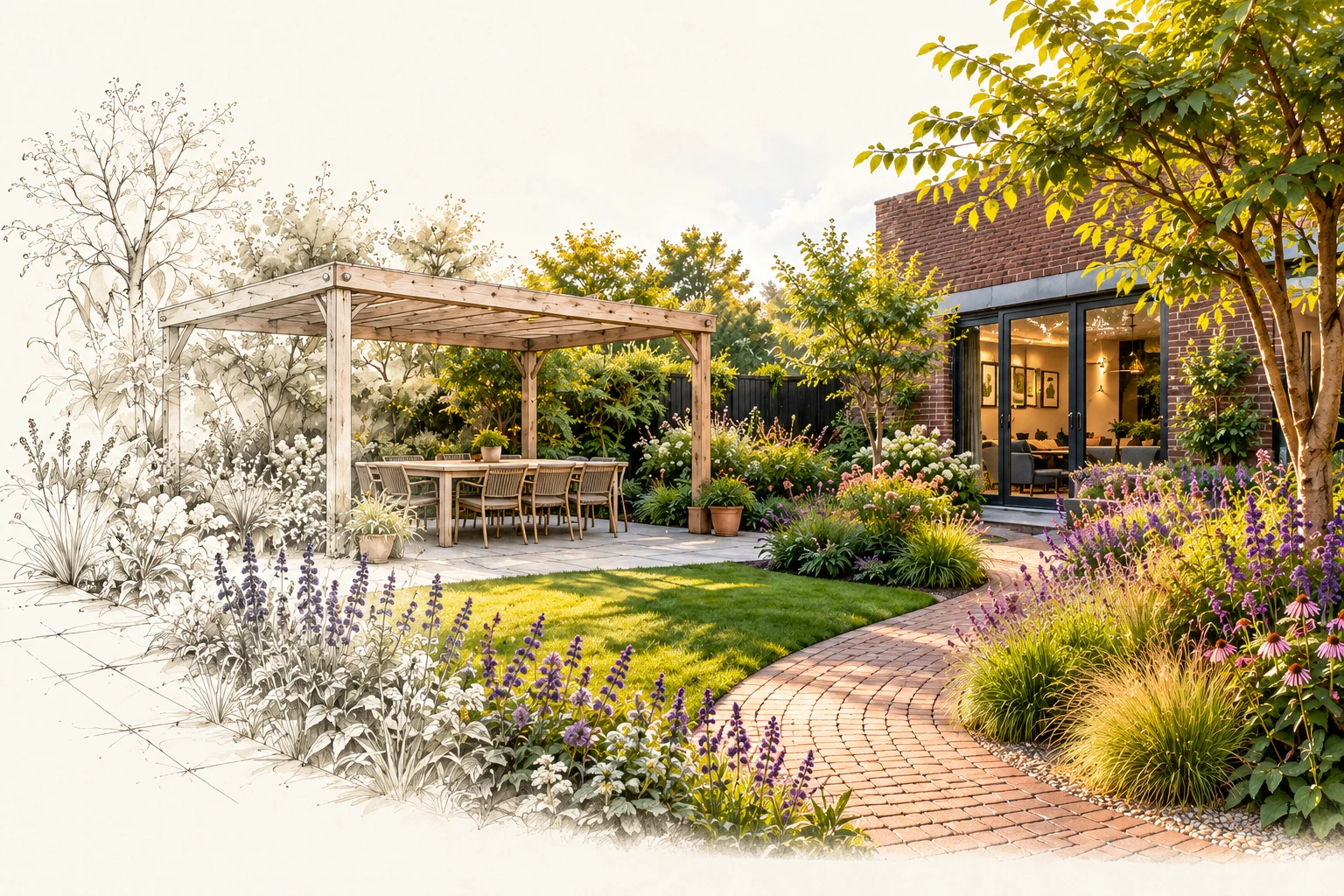 Eén tuin gaat van een fijne ontwerptekening links over in de gerealiseerde tuin rechts