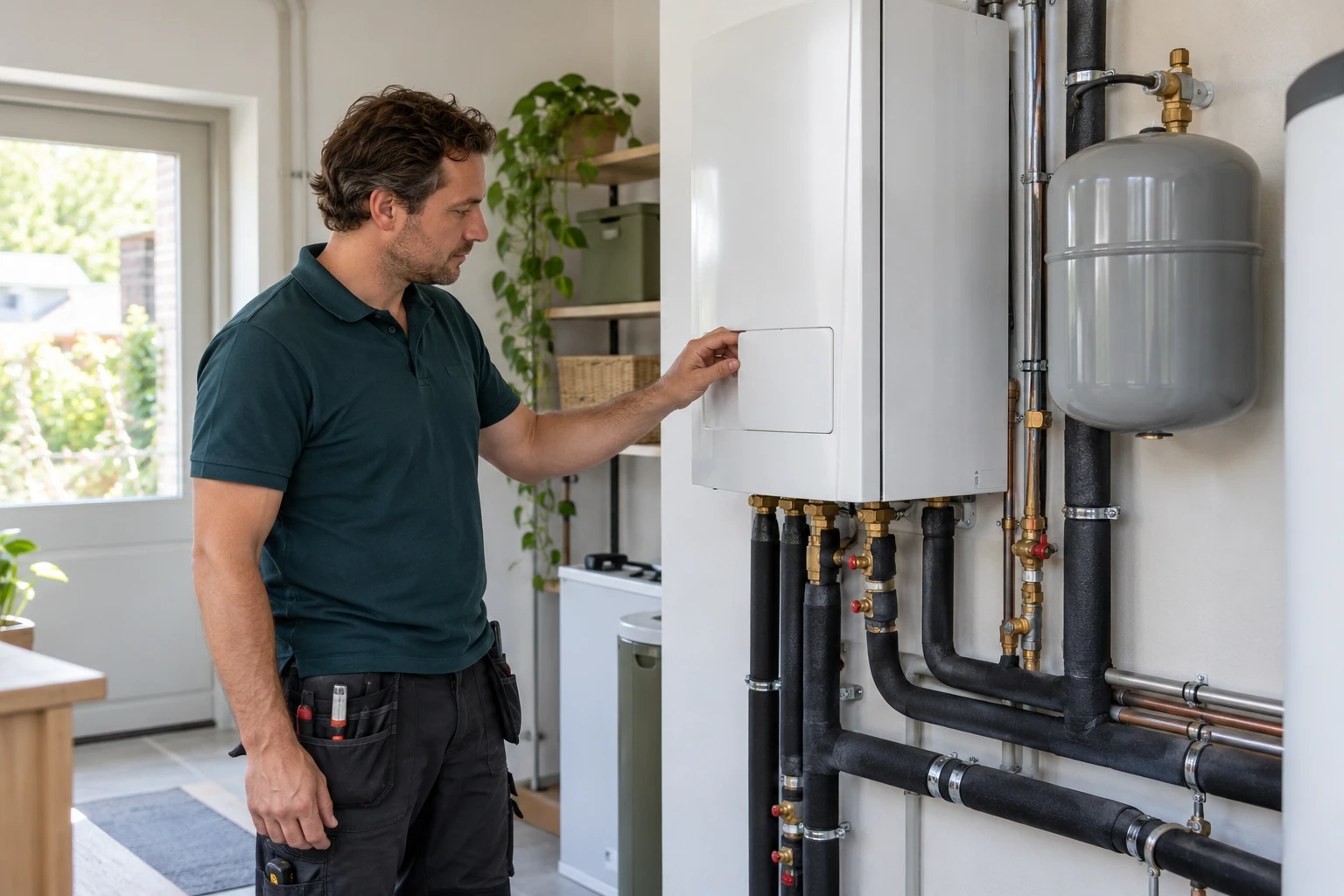 Monteur controleert een nette verwarmingsinstallatie in een woning