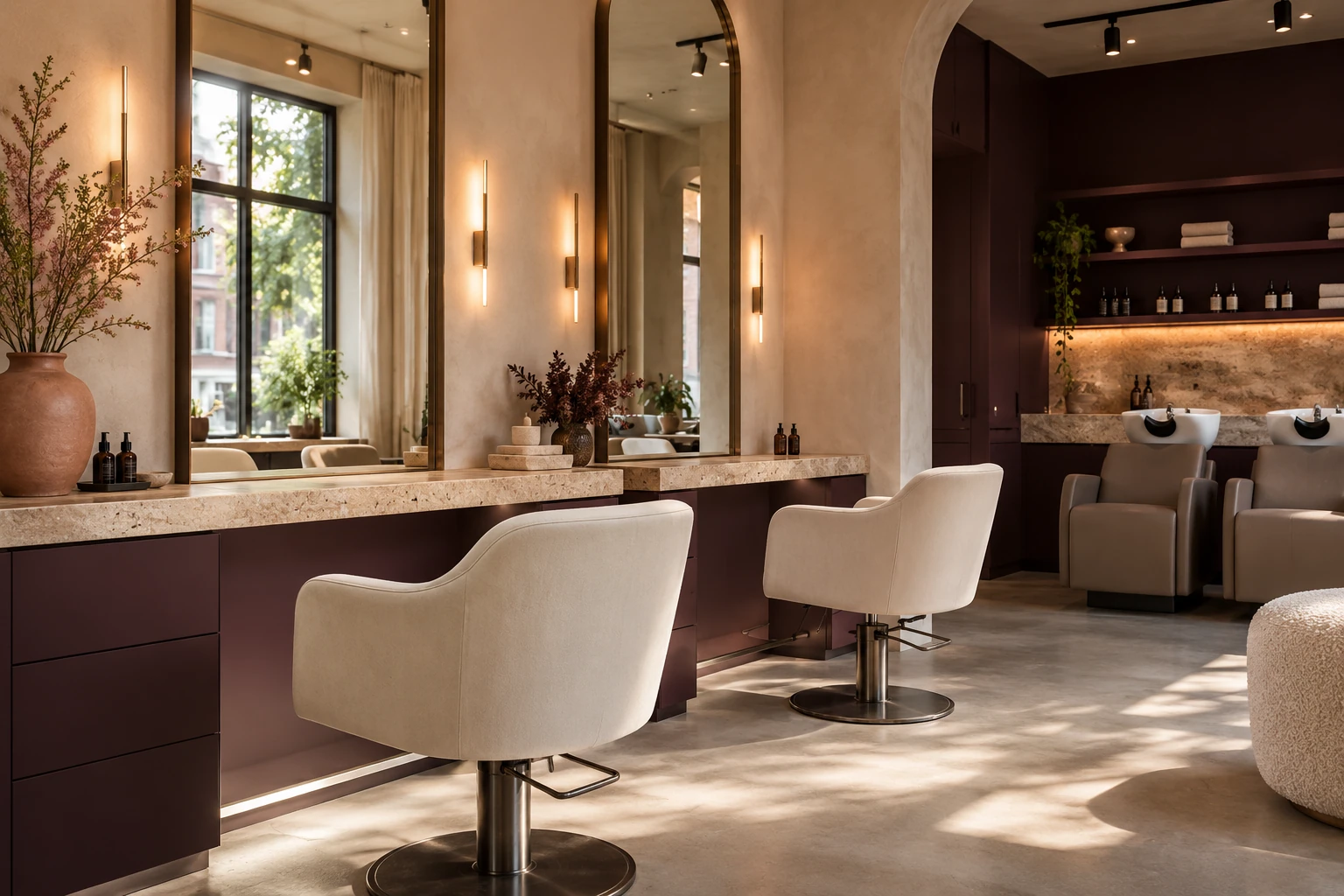 De rustige salon van Studio Vesper met lichte stoelen en pruimkleurige kasten