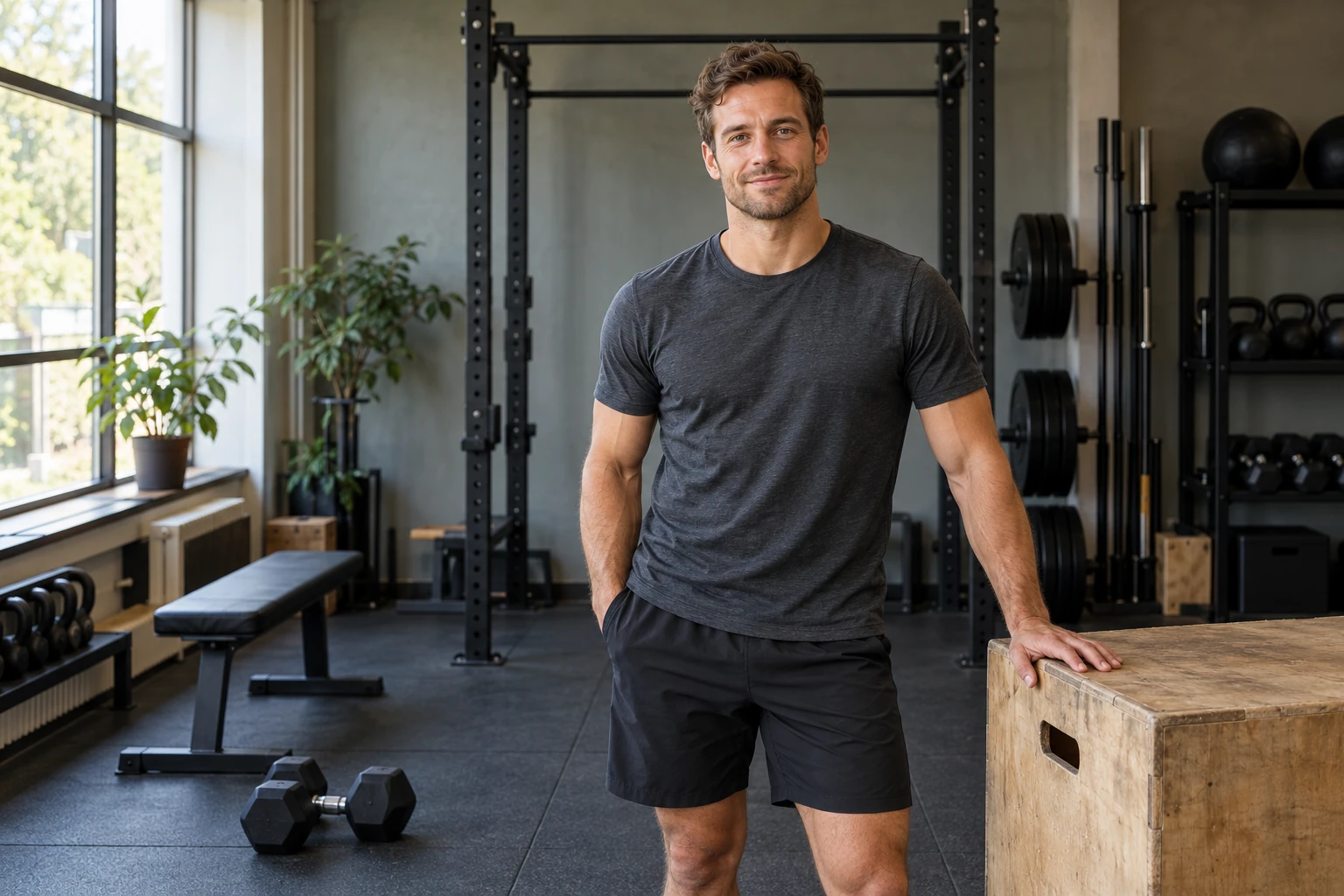 Ruben Meijer staat ontspannen in zijn persoonlijke trainingsstudio