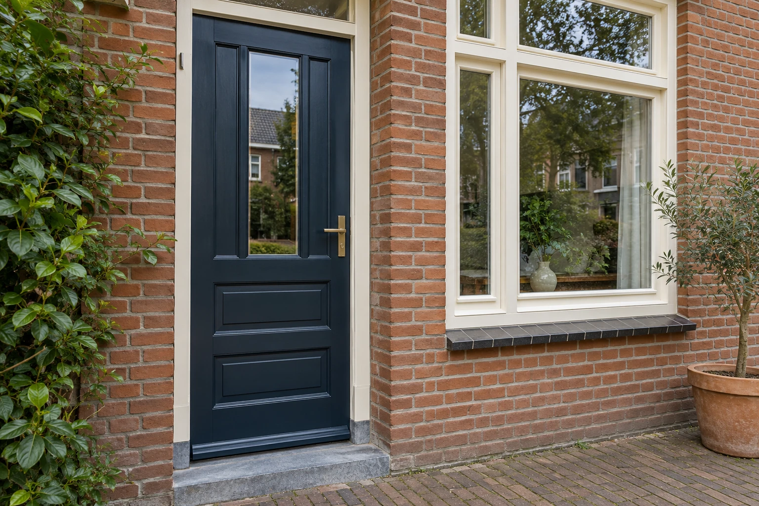 Voordeur en kozijnen na schilderwerk, diepblauw en warm wit