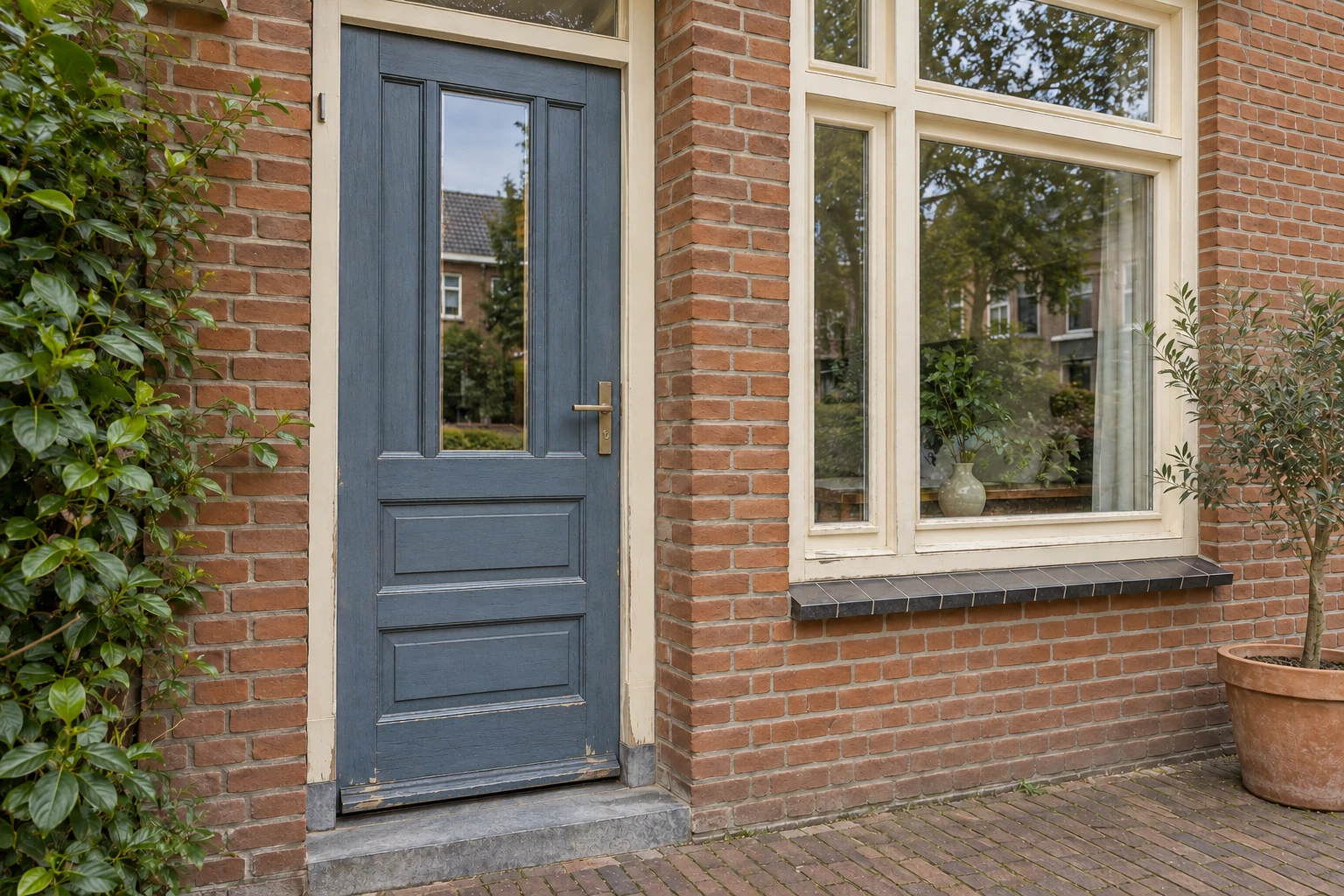 Dezelfde voordeur en kozijnen vóór het schilderwerk, met verweerde verf