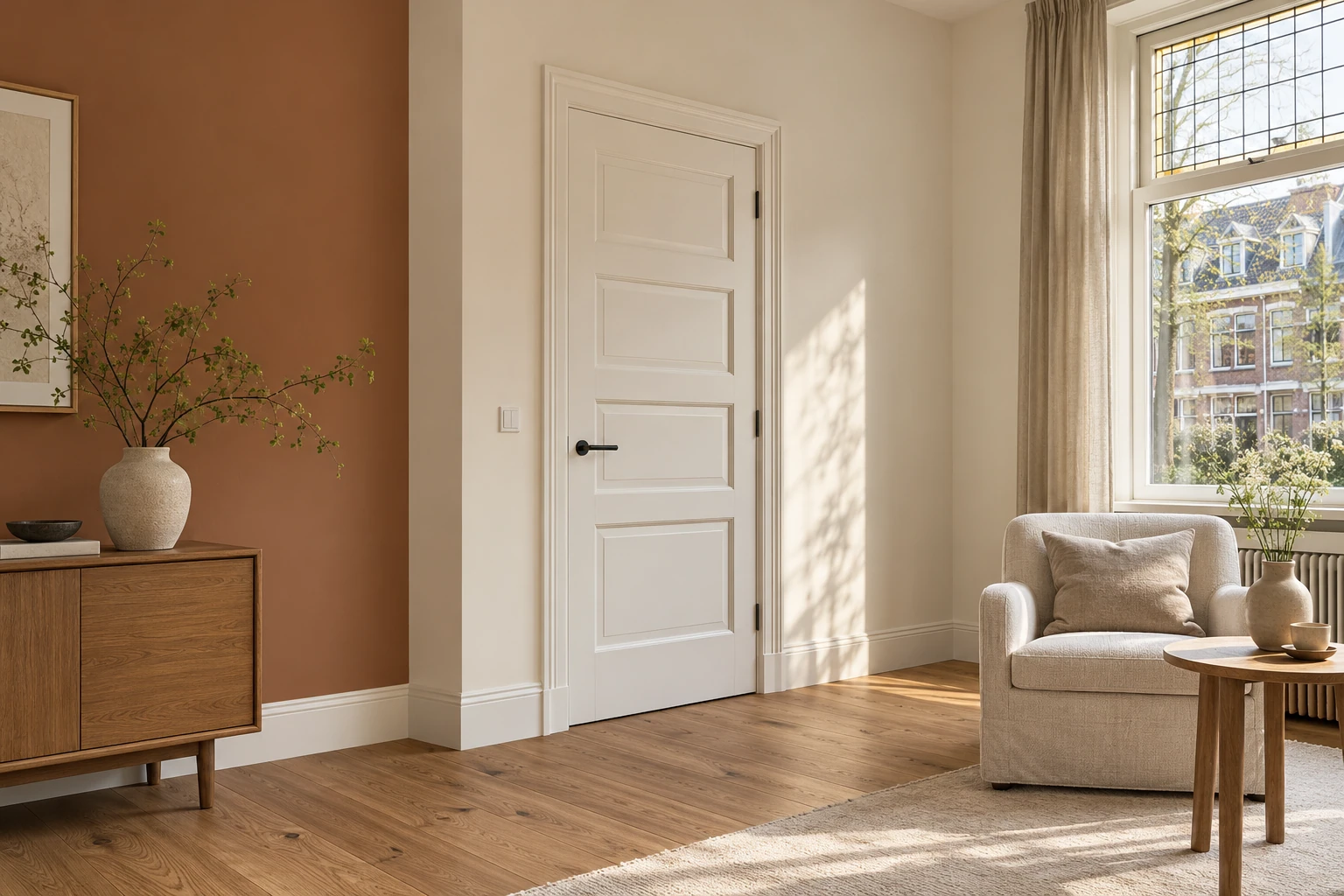 Lichte woonkamer met strak geschilderde kozijnen en een warme terracotta wand