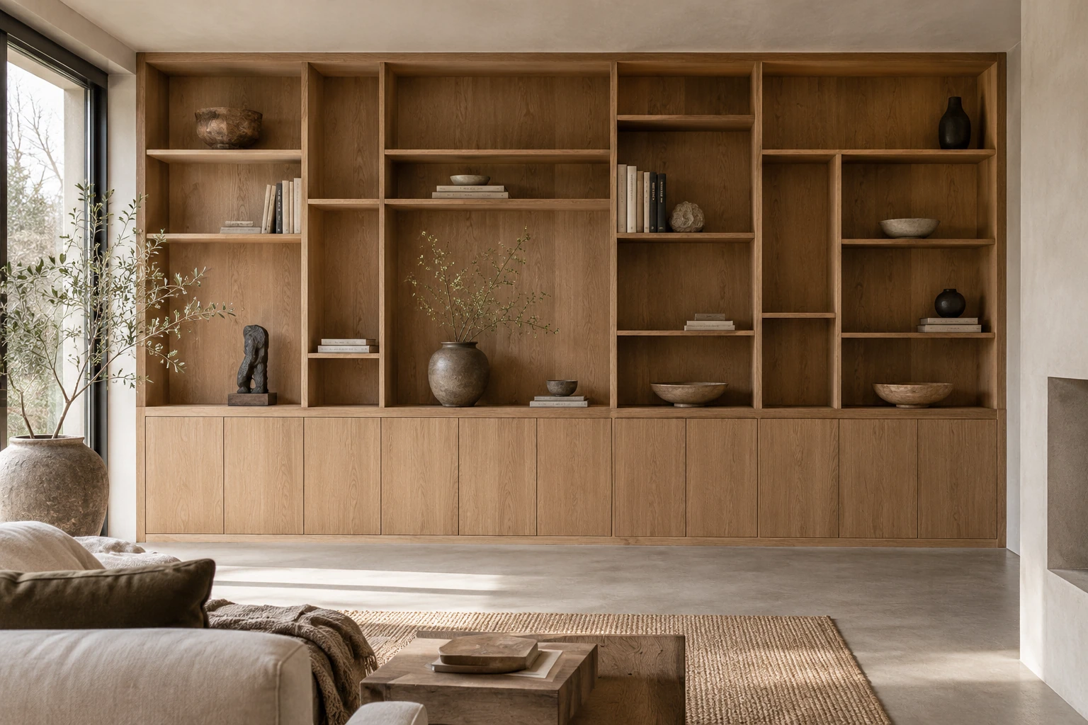 Een eiken wandkast op maat met open vakken in een lichte woonkamer