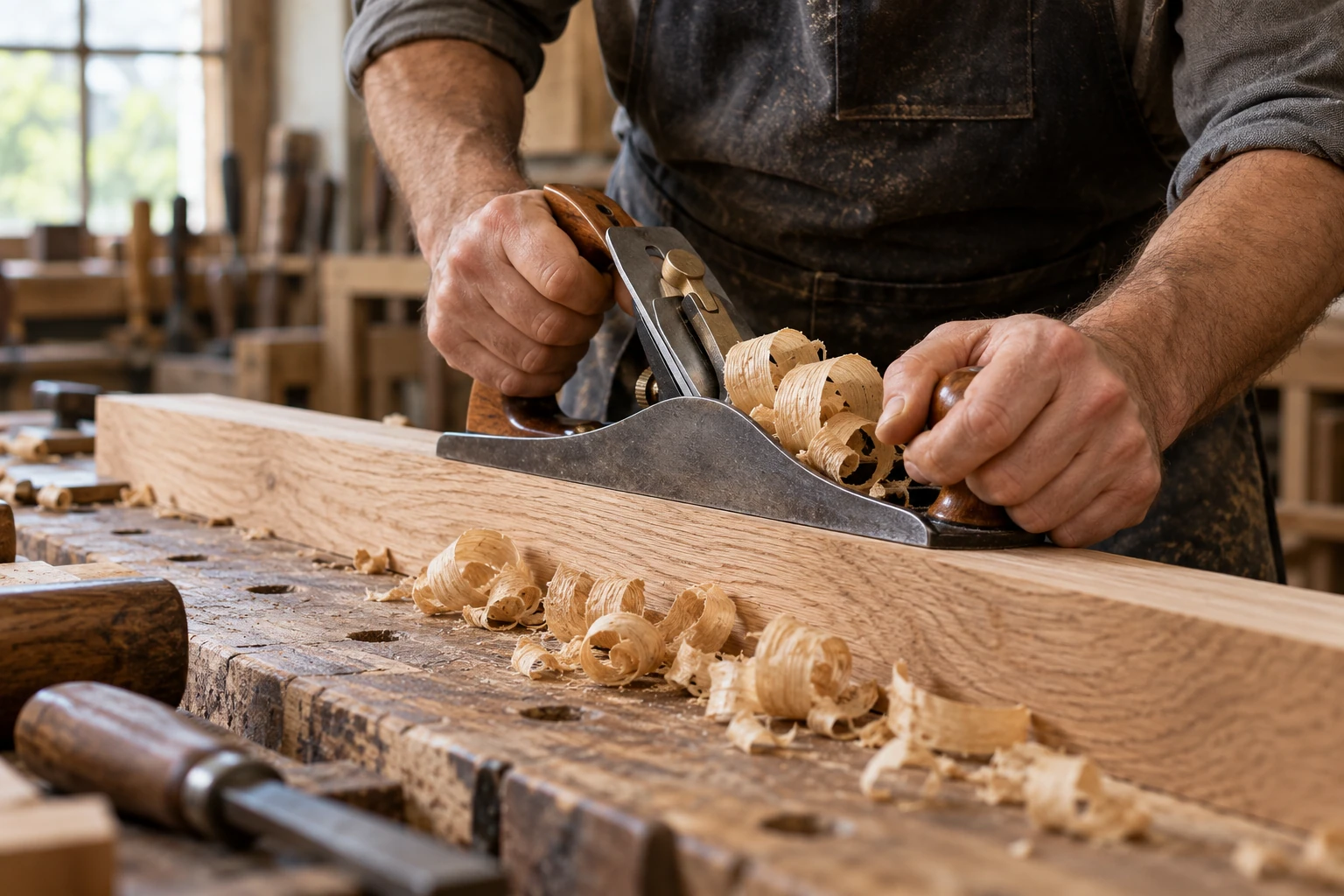Een meubelmaker schaaft een eiken plank met de hand
